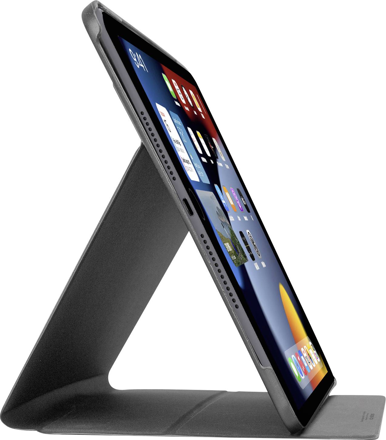 Ein Tablet in einem Ständer, Seitenansicht, mit Apps auf dem Bildschirm.