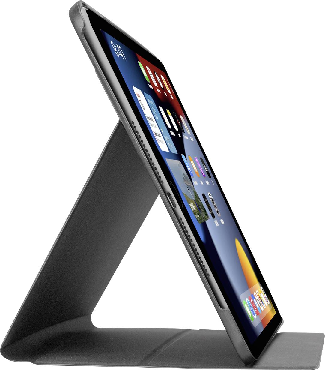 Seitenansicht eines Tablets, das auf einem dreieckigen Ständer aufgestellt ist und einen Startbildschirm mit verschiedenen App-Symbolen anzeigt.