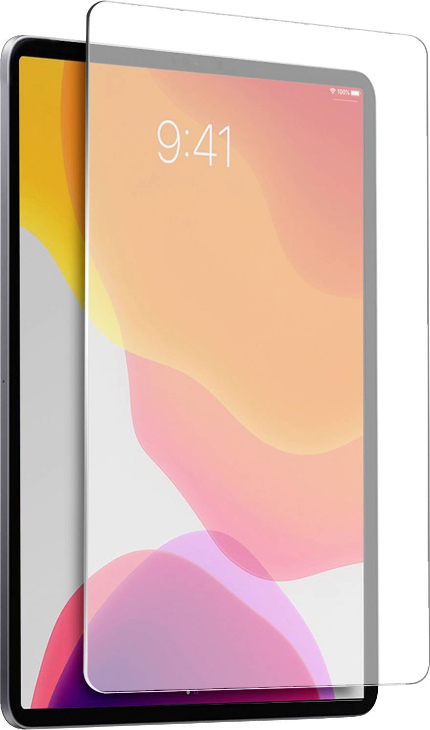 Ein Displayschutz für Tablets wird über einem Tablet angezeigt, das einen abstrakten farbenfrohen Hintergrund mit der Uhrzeit „9:41