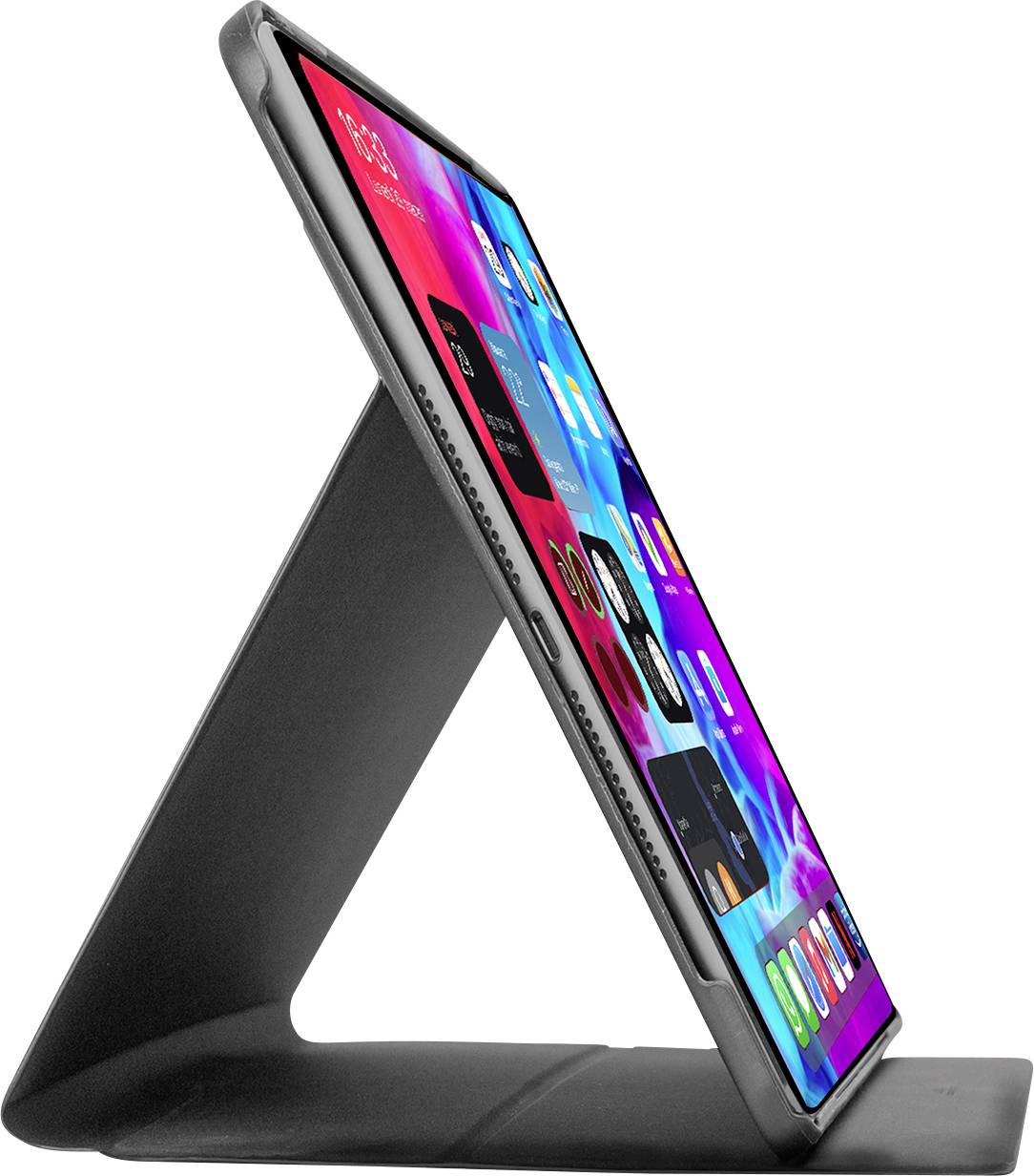 Ein Tablet mit einem farbenfrohen Startbildschirm auf einem dreieckigen Ständer, von der Seite vor einem einfachen Hintergrund betrachtet.