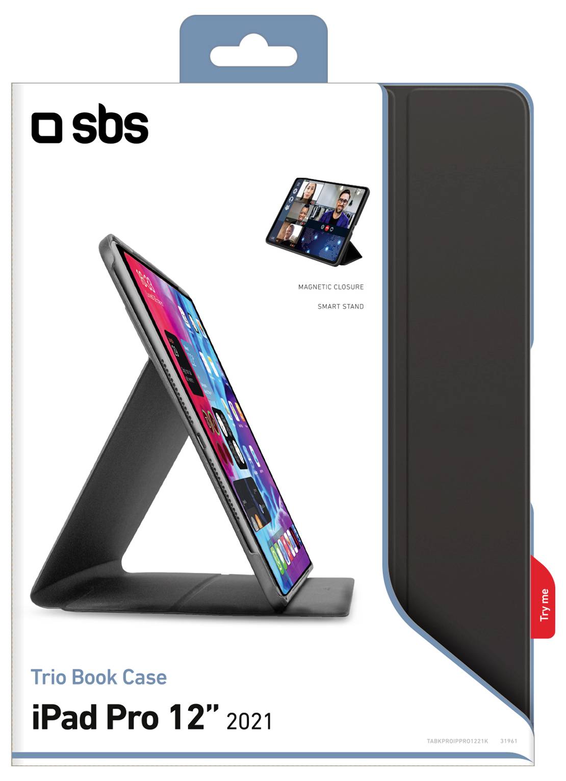 Trio Buchcover für iPad Pro 12'' 2021 Verpackung, das Gehäuse mit magnetischem Verschluss und intelligentem Ständer zeigend. Bild des Gehäuses in Gebrauch.