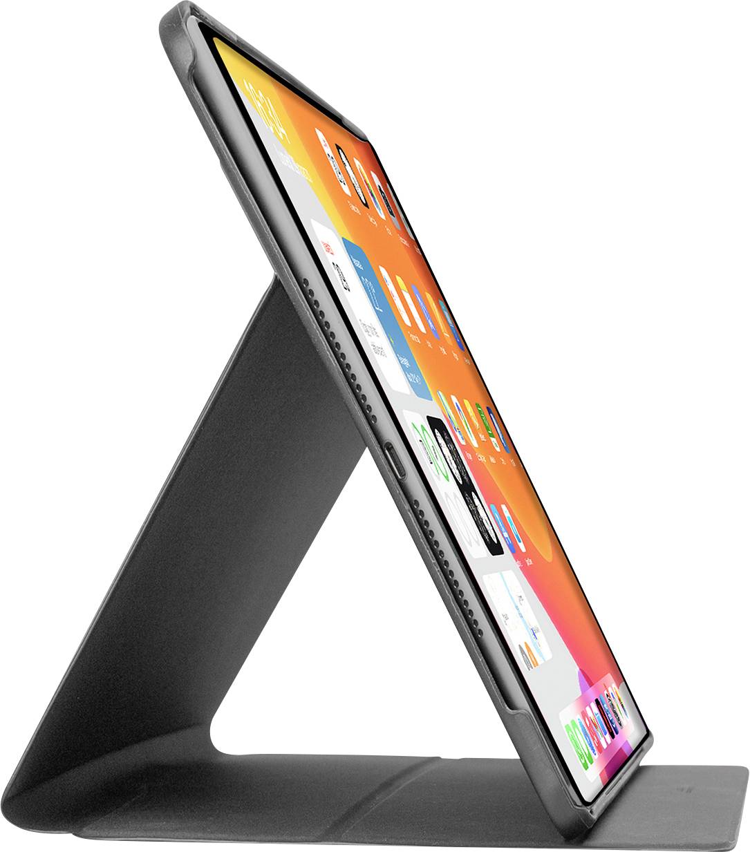 Ein Tablet in einem schwarzen Ständer mit einer bunten Benutzeroberfläche mit App-Symbolen, von der Seite auf weißem Hintergrund angezeigt.