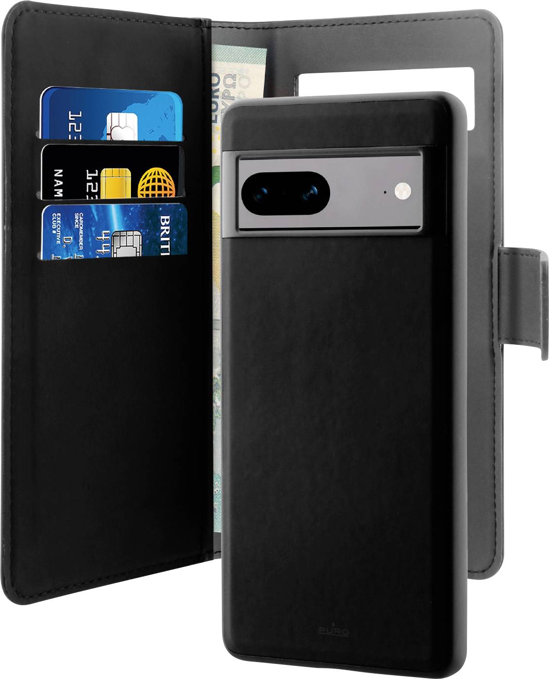 Schwarze Handyhülle offen mit Telefon, drei blauen Kreditkarten und Papiergeld, mit Lederfinish und magnetischem Verschluss.