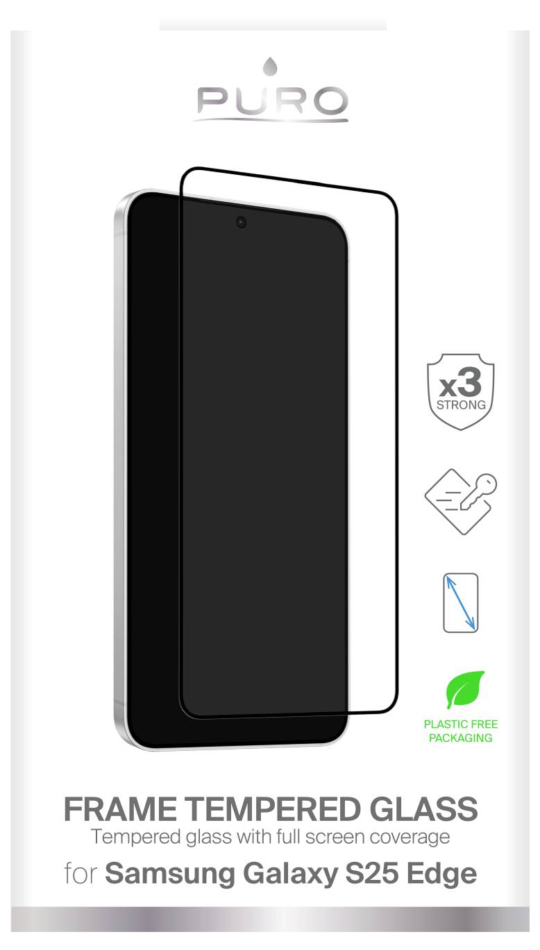 'Puro Frame Tempered Glass' Displayschutzfolie für Samsung Galaxy S25 Edge mit Betonung auf vollständiger Abdeckung und plastikfreier Verpackung.