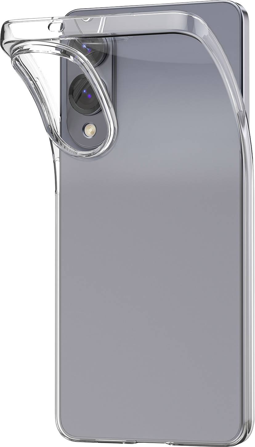 Ein Smartphone mit einer durchsichtigen, flexiblen Hülle hat ein einzigartiges, geschwungenes Design im Kamerabereich, das zusätzlichen Schutz und Stil bietet.
