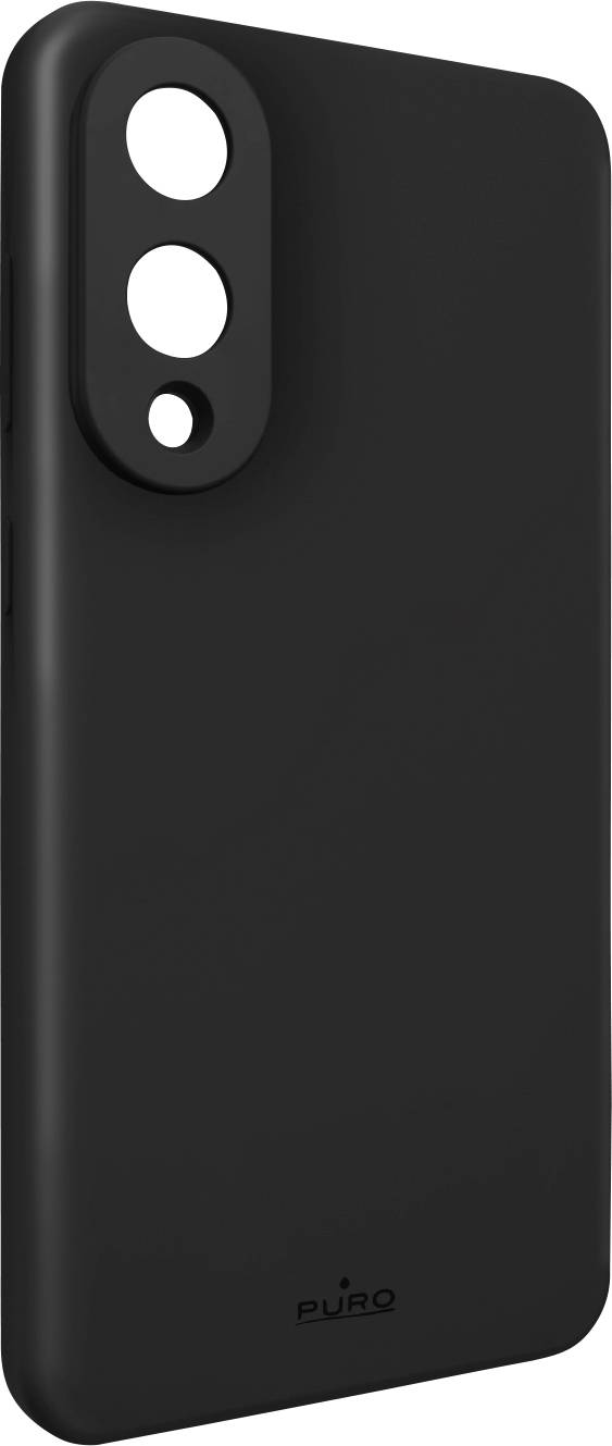 Eine schwarze Handyhülle mit Ausschnitten für Doppelkameras und einen Blitz, mit dem Markenlogo am unteren Ende, entworfen für ein elegantes Erscheinungsbild.
