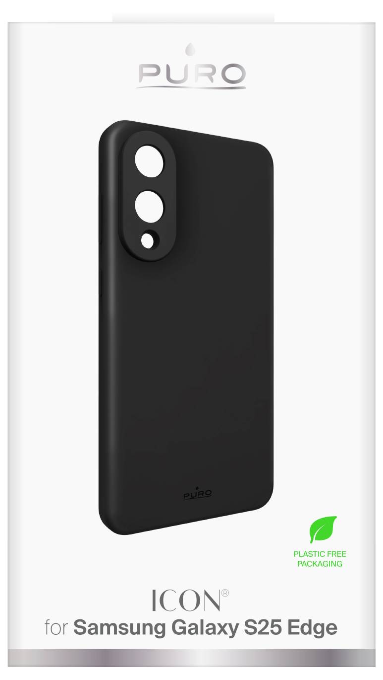 Schwarze Smartphone-Hülle für Samsung Galaxy S25 Edge von Puro, in plastikfreier Verpackung.