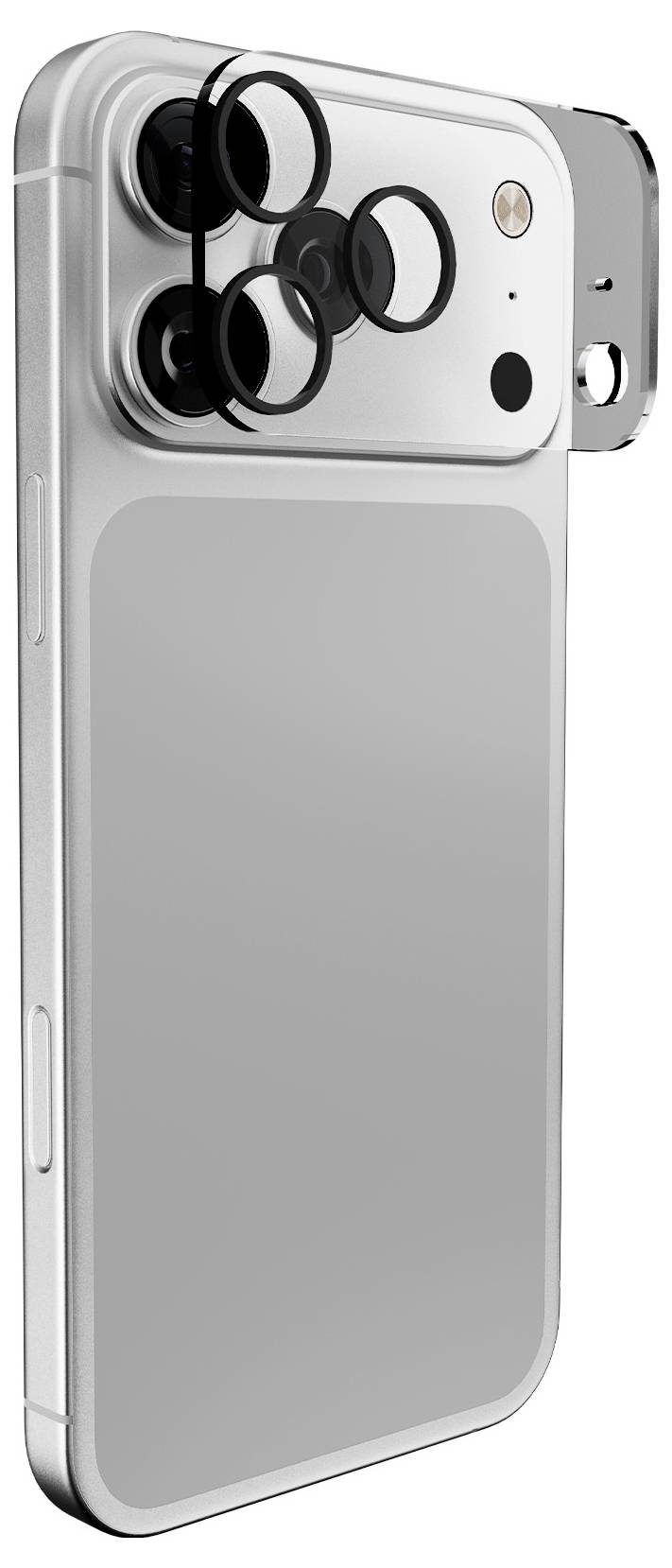 Ein Smartphone mit einem rechteckigen Kamerazubehör auf der Rückseite, das mehrere kreisförmige Objektive aufweist.