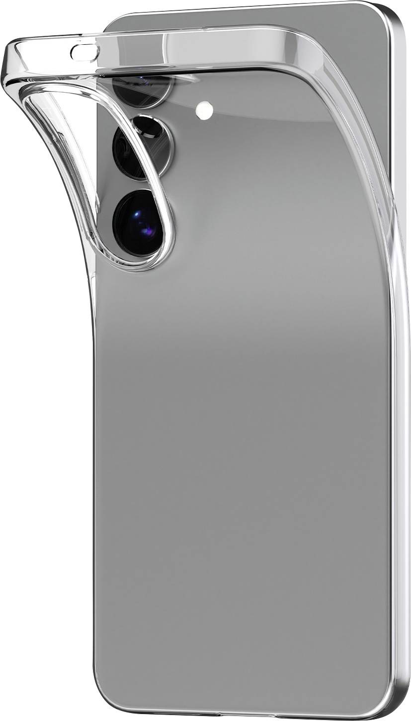 Ein silbernes Smartphone mit dualen Rückfahrtkameras und einem eleganten, geschwungenen Design mit einer transparenten Hülle, die seine minimalistische Ästhetik zur Schau stellt.
