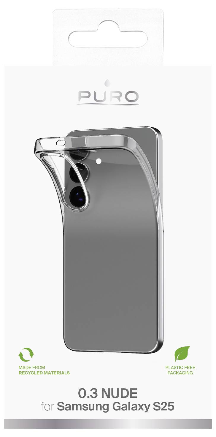 Eine transparente Handyhülle für Samsung Galaxy S25 aus recycelten Materialien mit plastikfreier Verpackung.