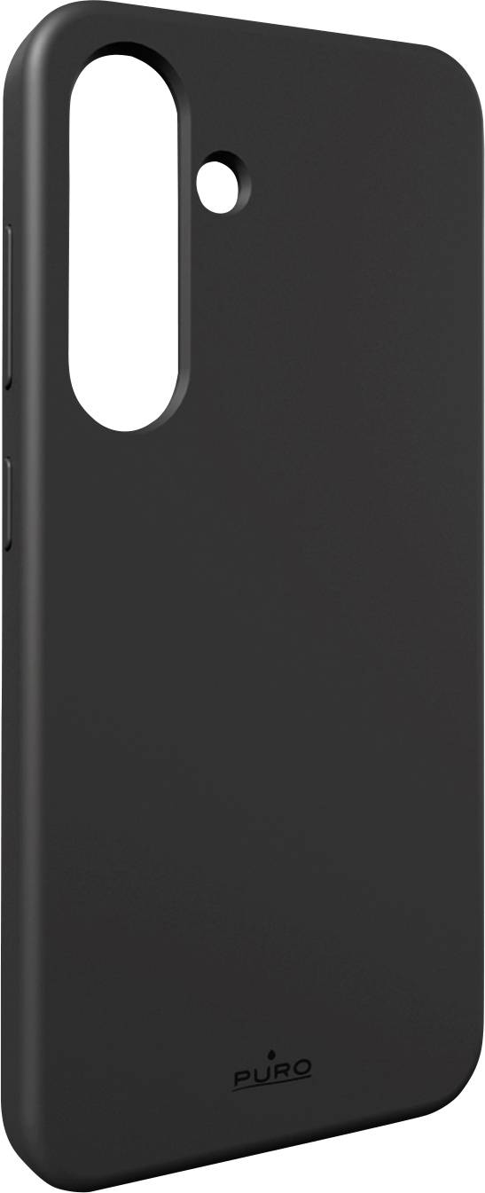 Eine elegante, schwarze Handyhülle mit präzisen Ausschnitten für die Kamera und Tasten, mit einem subtilen Logo in der Nähe des unteren Endes.