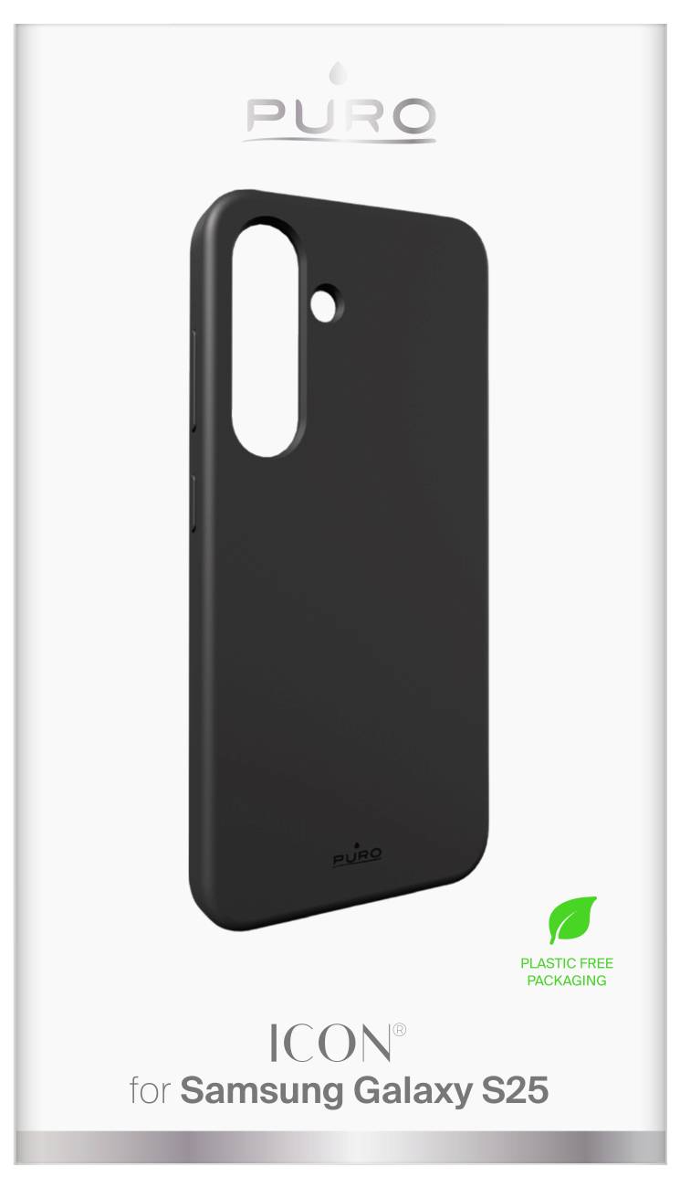 Ein schwarzes Handycover mit der Bezeichnung „ICON für Samsung Galaxy S25