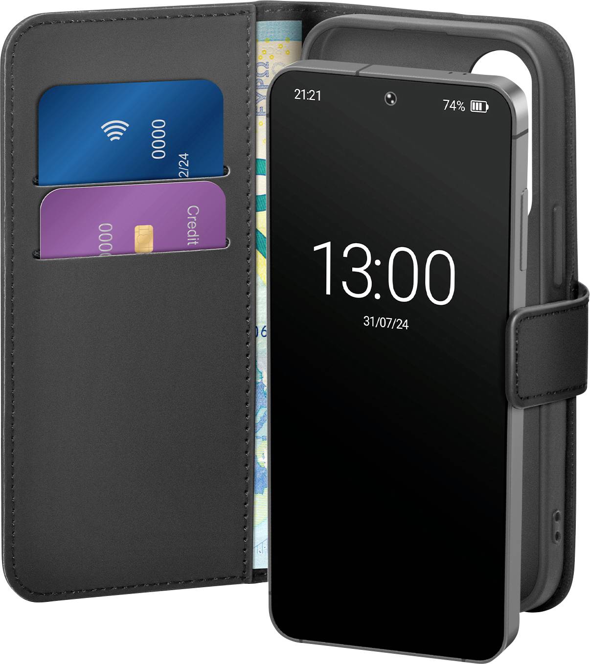 Ein Smartphone in einer Klappschutzhülle mit Kartenfächern, auf dem die Zeit „13:00