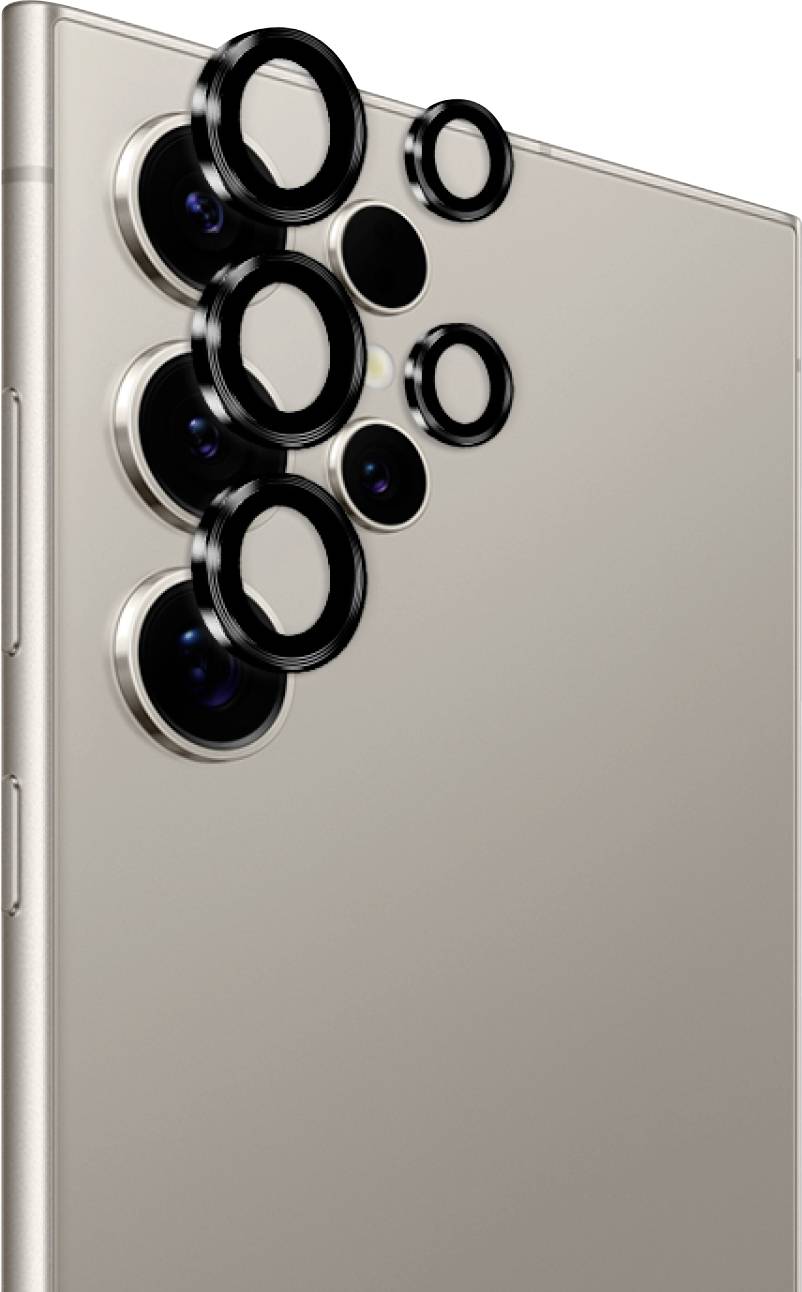 Ein Smartphone mit Rückansicht, das mehrere Kameraobjektive zeigt, die in einem geometrischen Muster in der oberen Ecke eines silbernen Gehäuses angeordnet sind.