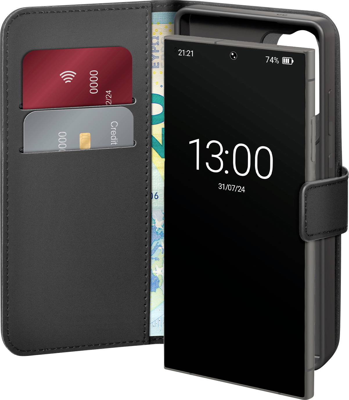 Ein Smartphone-Case, das sich öffnet und ein Telefon zeigt, auf dem '13:00' und '31/07/24' angezeigt werden. Zwei Karten und Bargeld befinden sich in den benachbarten Fächern.
