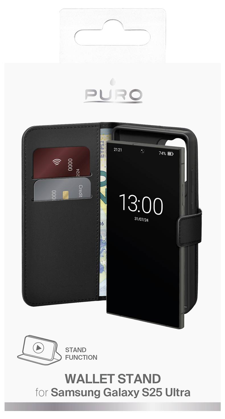 Geldbörsen-Standcase für Samsung Galaxy S25 Ultra, zeigt Kreditkarten und Bargeld. Includes Standfunktion-Symbol und Branding.