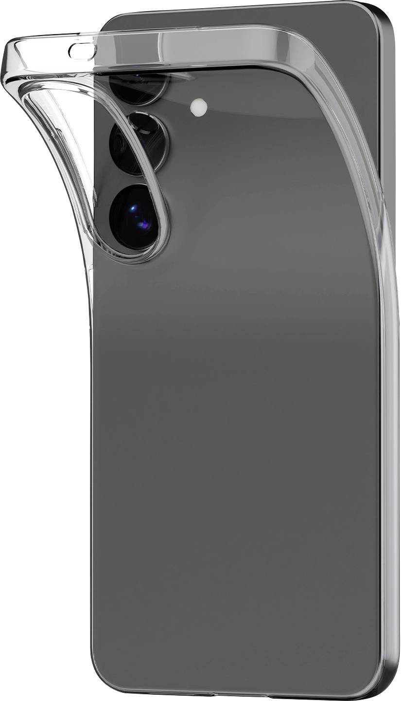 Ein Smartphone mit einer transparenten Schutzhülle, die die Rückseite teilweise bedeckt und die Kameraobjektive enthüllt. Die Hülle wölbt sich an der oberen Kante.