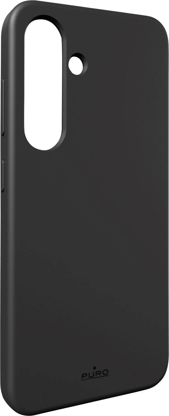 Ein schwarzes Smartphone-Gehäuse mit Aussparungen für die Kamera und Tasten, entworfen für Schutz und Stil, mit der Marke „Puro
