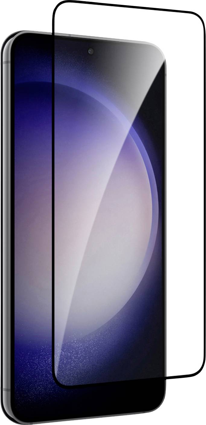 Ein Smartphone mit gekrümmtem Display, das ein leuchtendes Kreismuster zeigt. Eine durchsichtige Displayschutzfolie ist teilweise über dem Bildschirm angebracht.