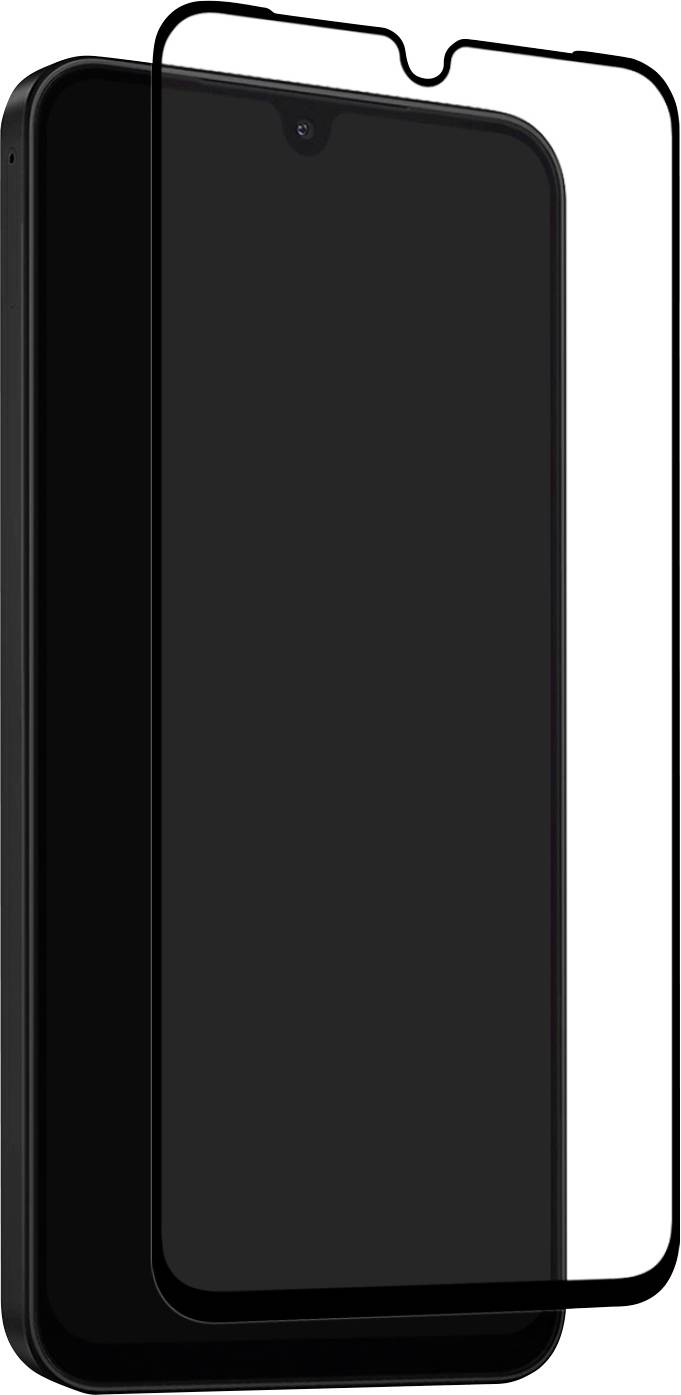Ein schwarzes Smartphone mit einem teilweise angebrachten Displayschutz, das einen Aussparung am oberen Rand zeigt.