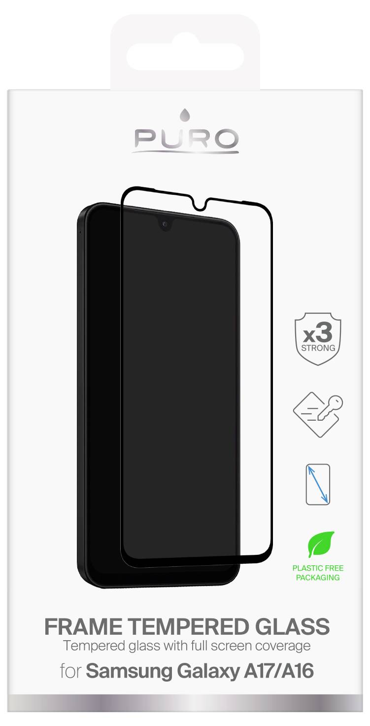 Puro Frame gehärtete Glasschutzfolie Verpackung für Samsung Galaxy A17/A16, mit vollständiger Bildschirmabdeckung und kunststofffreier Verpackung.