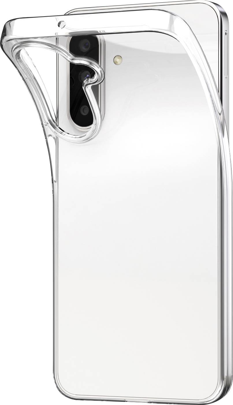 Telefon mit zwei rückwärtigen Kameras neben einer transparenten Handyhülle mit kreisförmigem Design für MagSafe-Kompatibilität.
