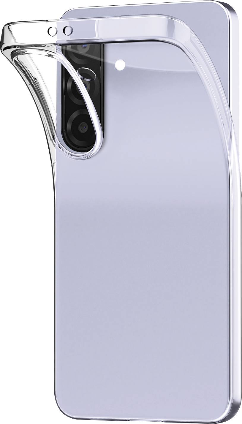 Ein Smartphone mit einer transparenten Schutzhülle, das teilweise geöffnet ist und das Triple-Kamera-System auf der Rückseite präsentiert.