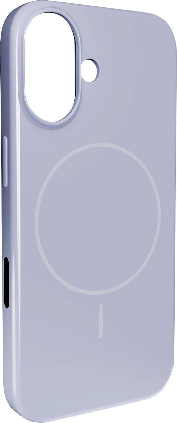 Ein hellgraues Handyhülle mit großem Kameraausschnitt und kreisförmigem Design auf der Rückseite, was auf MagSafe-Kompatibilität hinweist.