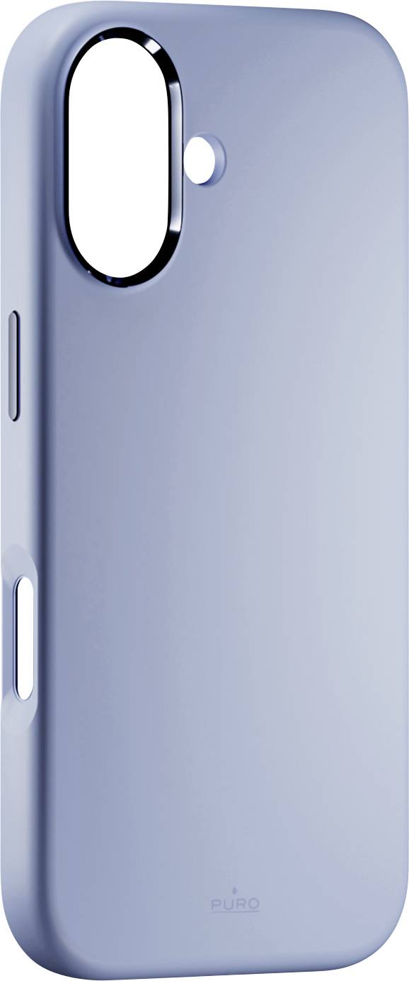 Eine hellblaue Smartphone-Hülle mit einem ovalen Ausschnitt für die Kamera und einem kleinen Logo in der Nähe des unteren Endes.