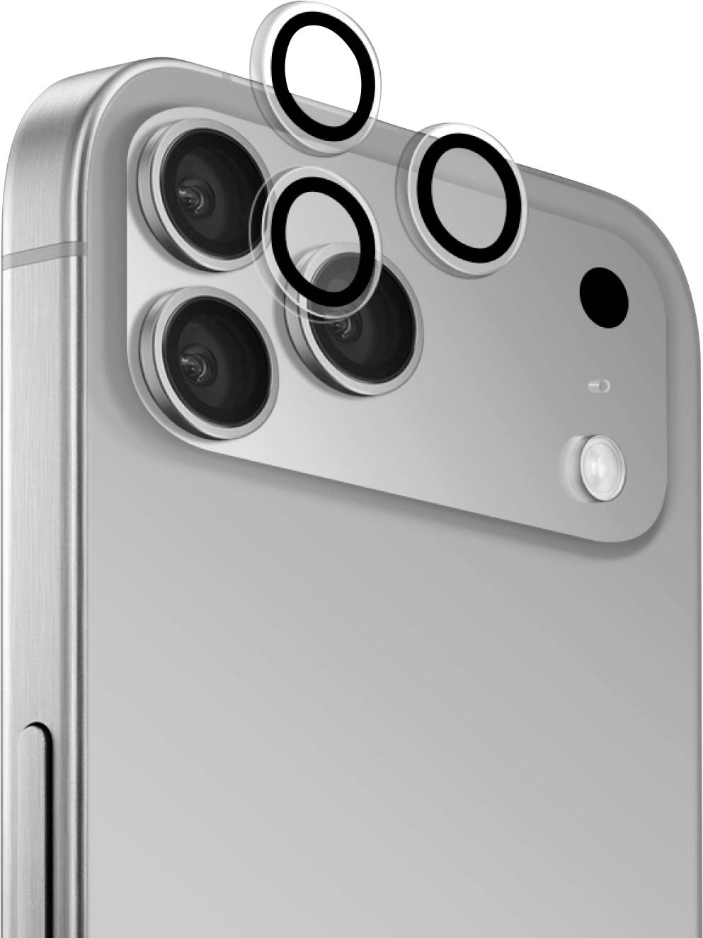 Smartphone-Kameramodul mit drei Linsen und einem Blitz auf einer metallischen Rückseite, das zeigt das Layout von Linsen und Sensor.