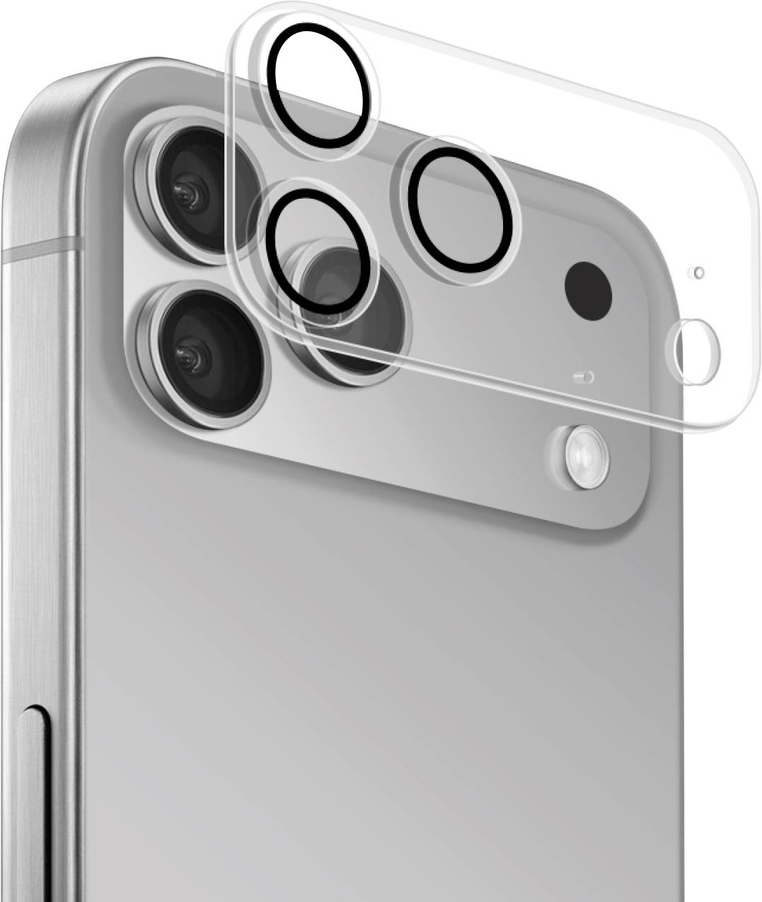 Nahaufnahme einer Smartphone-Kamera mit abgenommenem Schutzlinsendeckel, der drei Kameraobjektive und einen Blitz zeigt. Der Deckel ist mit den Objektiven ausgerichtet.