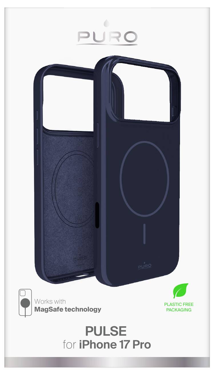 'PULSE für iPhone 17 Pro' Schutzhülle von Puro, kompatibel mit MagSafe, in Marineblau gezeigt. Die Verpackung ist plastikfrei.