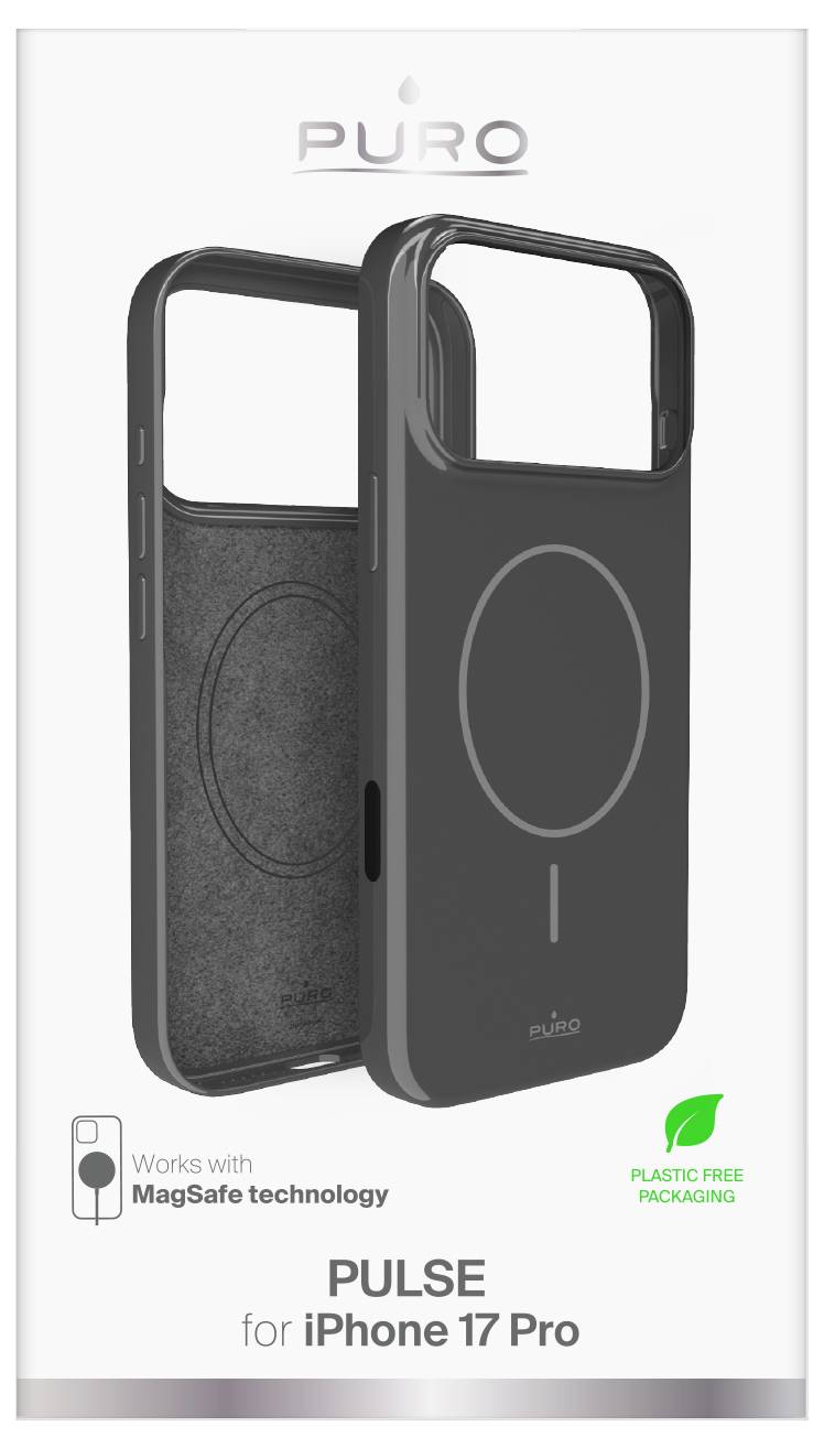 iPhone 17 Pro Hülle Verpackung mit zwei schwarzen Hüllen mit MagSafe-Technologie. Text: „Pulse für iPhone 17 Pro