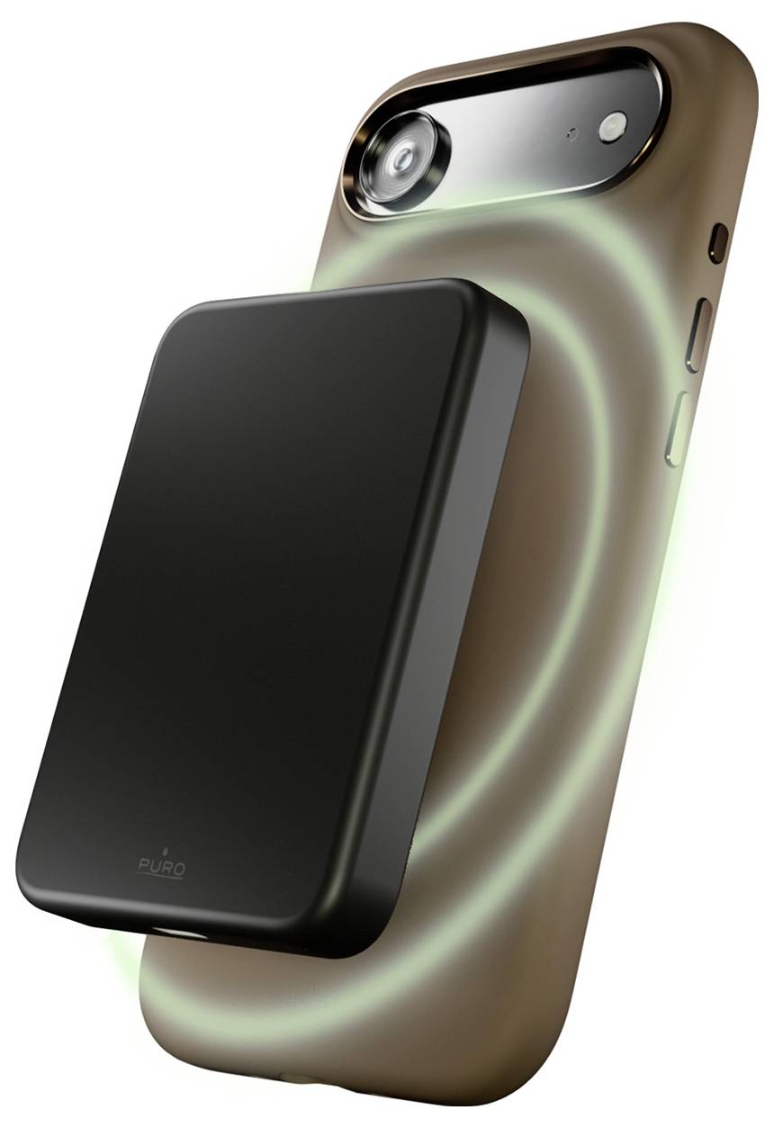 Smartphone mit magnetischer Schutzhülle und angebrachtem kabellosem Ladegerät, leuchtend schimmerndes Licht an den Rändern, das die Ladefähigkeit präsentiert.