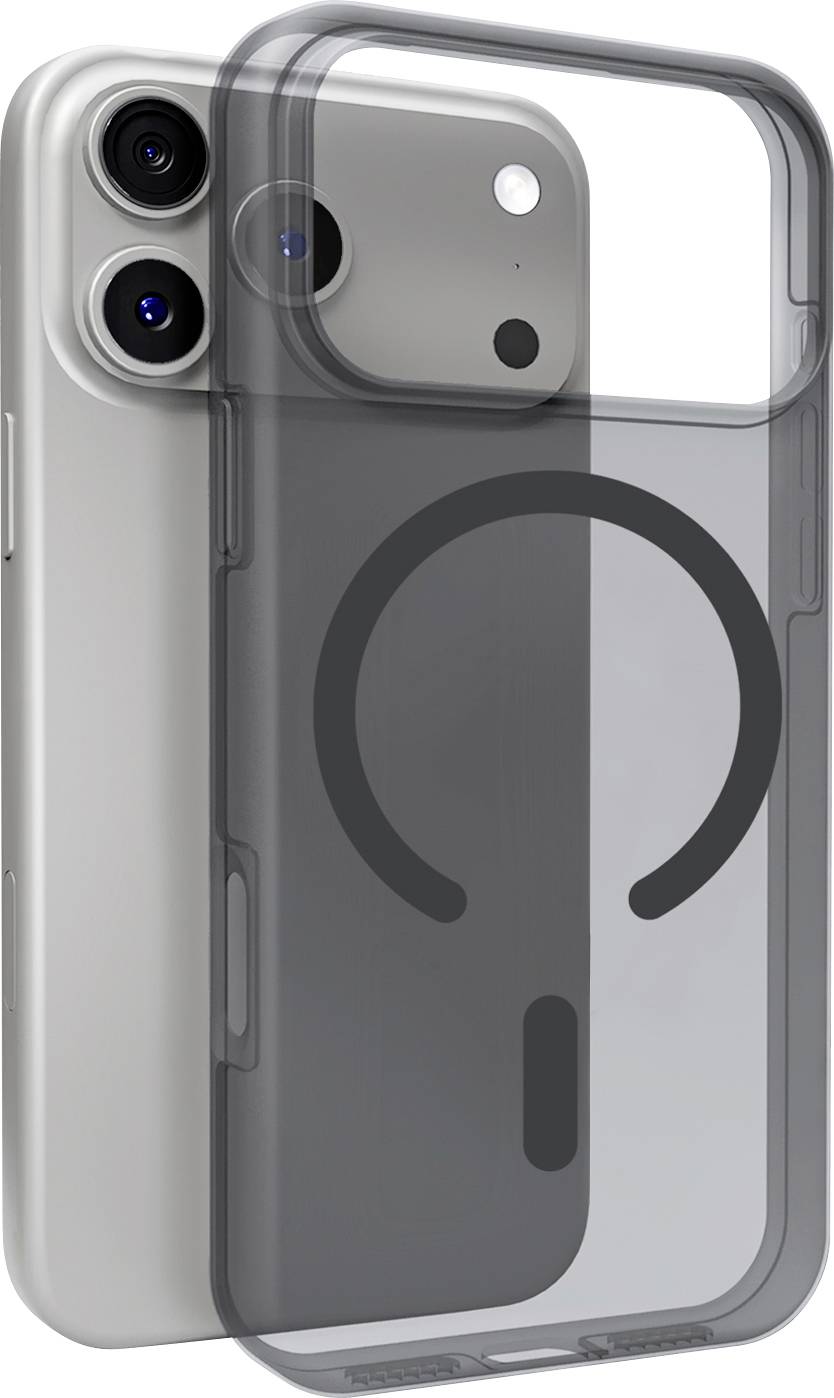 Ein silbernes Smartphone mit zwei hinteren Kameras, einem Blitz und einem schwarzen transluzenten Gehäuse mit kreisförmigem Design wird gezeigt.