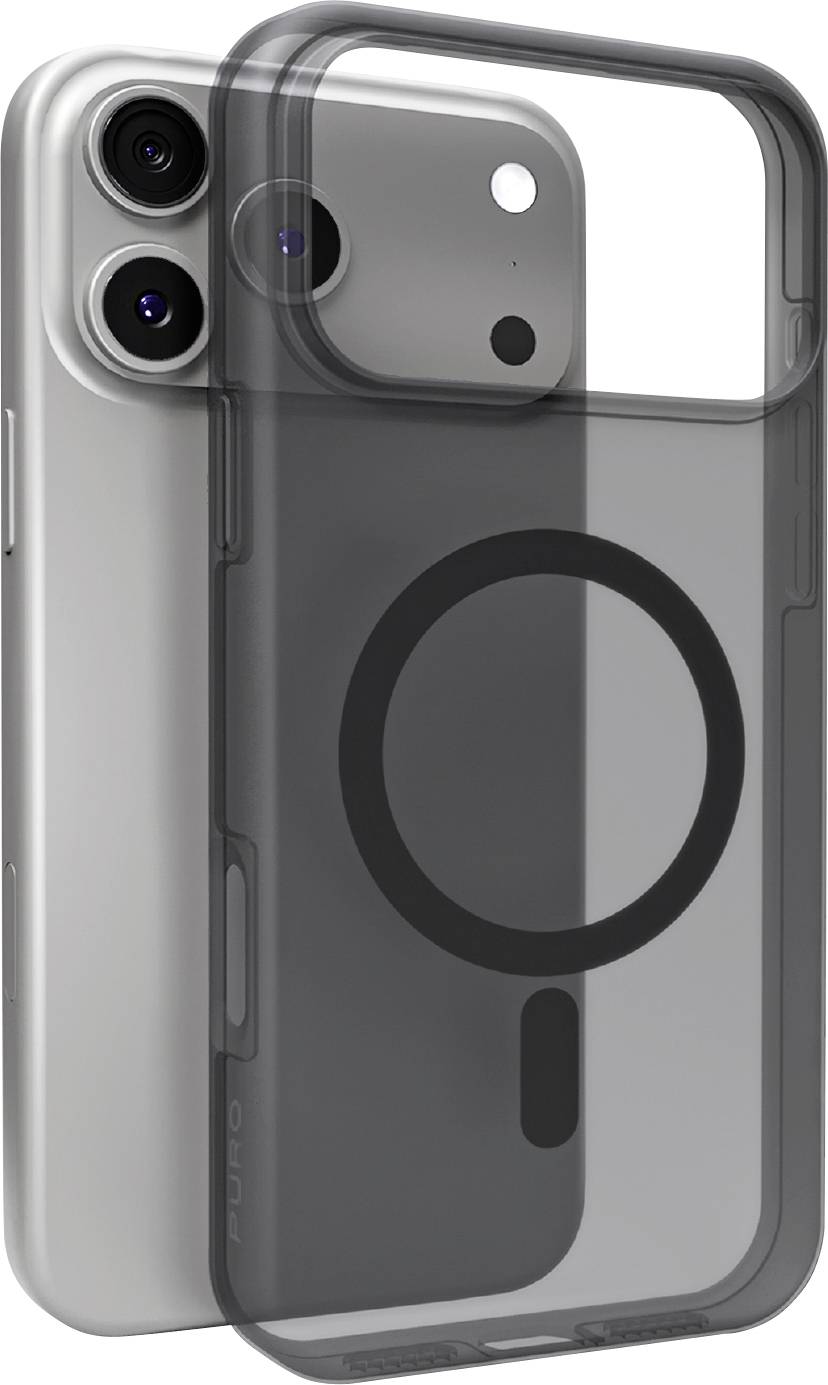 Ein Smartphone mit Dual-Kameras ist mit einer transparenten Schutzhülle ausgestattet, die einen MagSafe-Ring hat.