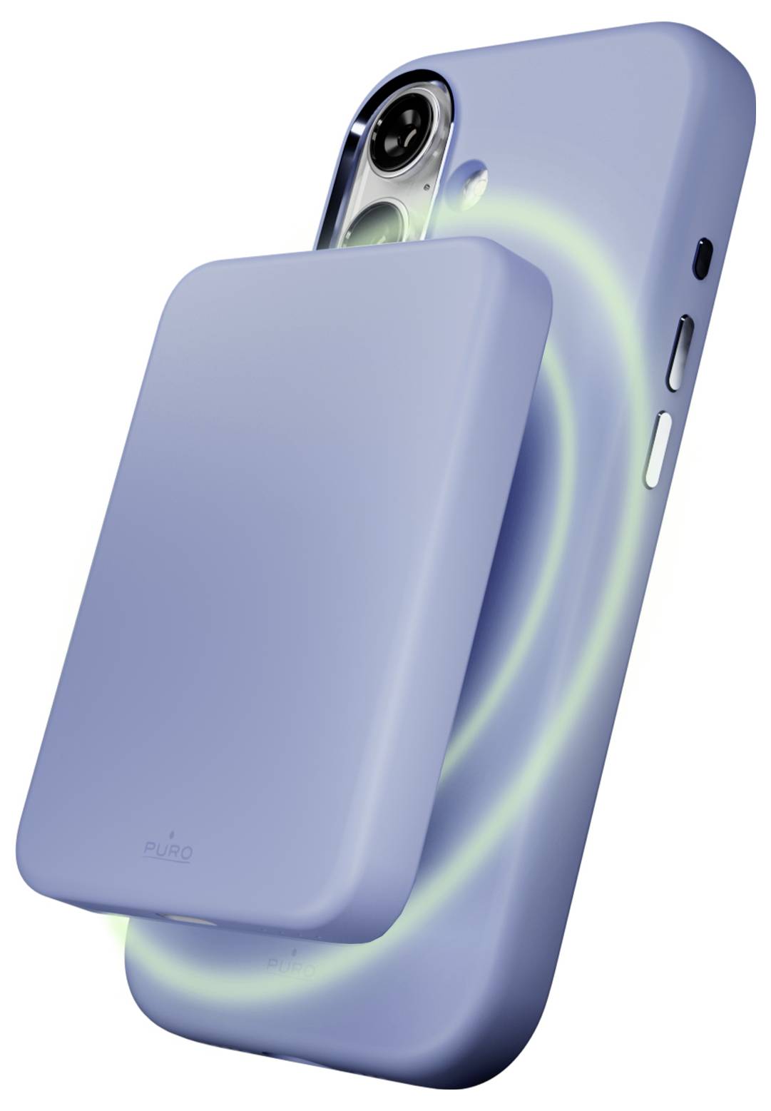 Ein hellblaues Telefon mit einem passenden magnetischen Akku-Pack, das auf der Rückseite angebracht ist und einen leuchtenden grünen Kreis aussendet, der das Laden anzeigt.