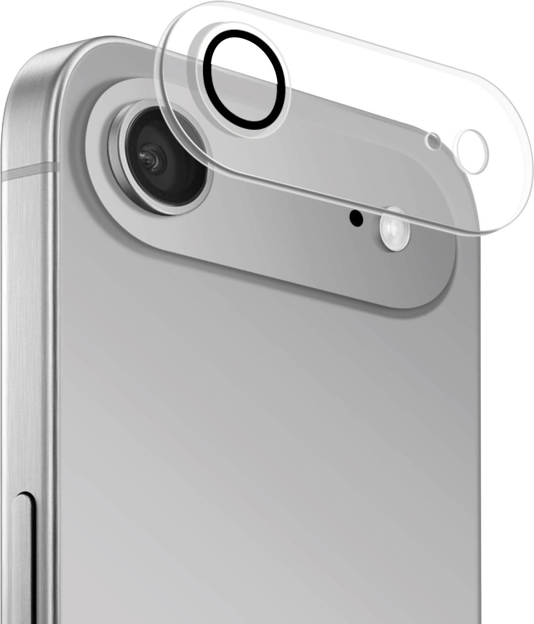 Ein Smartphone mit einer transparenten Objektivabdeckung, die teilweise schwebend darüber angebracht ist zum Schutz.