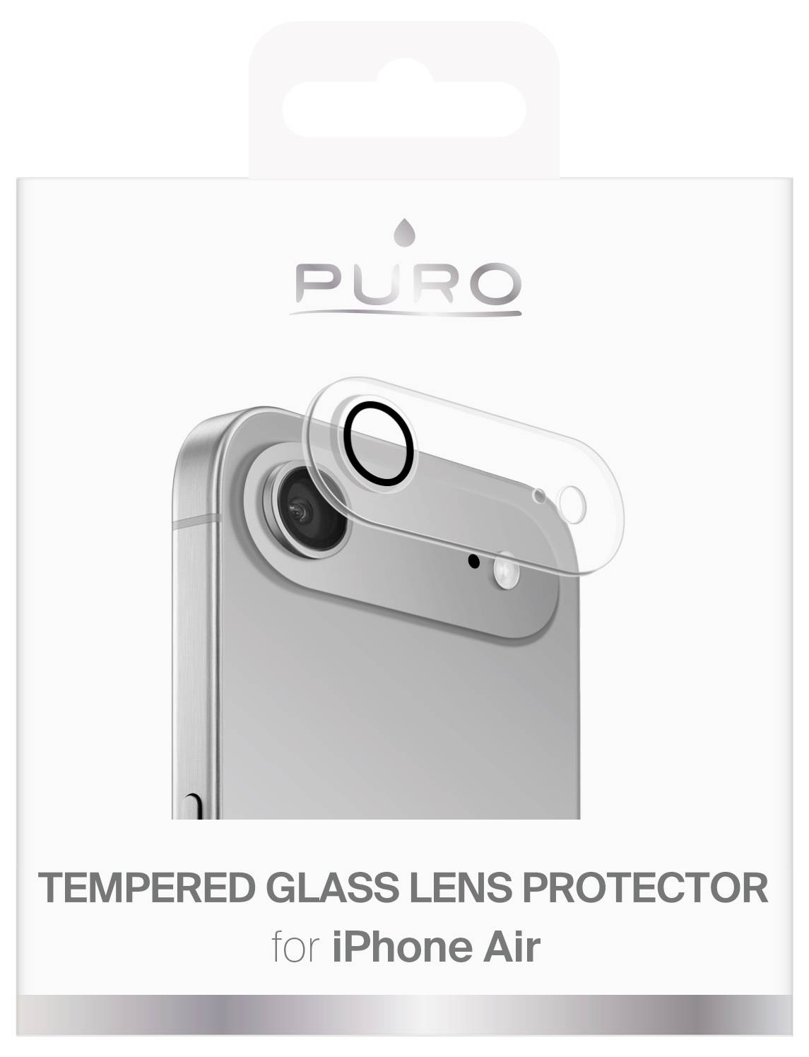 Schutzfolie aus gehärtetem Glas für iPhone Air – Verpackung mit Nahaufnahme der Schutzfolie, die auf das iPhone-Kameraobjektiv aufgebracht wird.