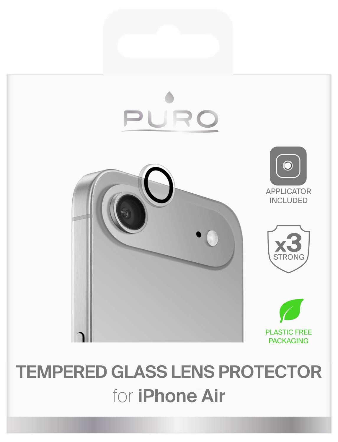 Gehärteter Glaskultenschutz aus Puro für iPhone Air, zeigt Produktverpackung mit Linsenbild, Applikator im Lieferumfang enthalten, plastikfrei.