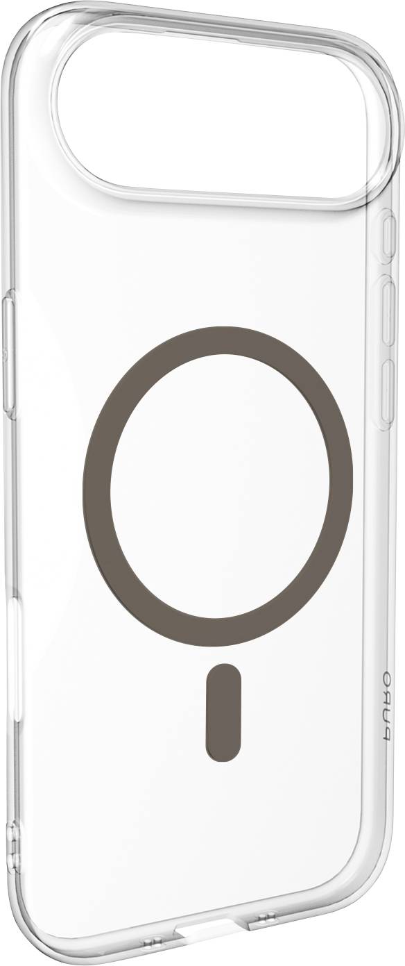 Transparente Handyhülle mit kreisförmigem MagSafe-Emblem und einer kleinen Lasche darunter, speziell für iPhone konzipiert, zeigt ein einfaches, durchsichtiges Design.