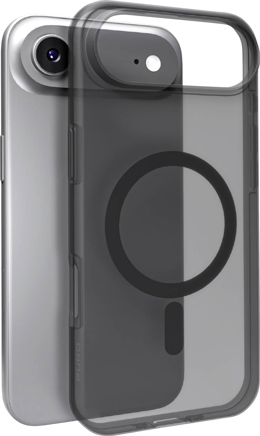 Ein durchscheiniges Handyhülle mit kreisförmigem Design wird gezeigt, positioniert über einem silbernen Smartphone, das die Position der Kamera offenbart.
