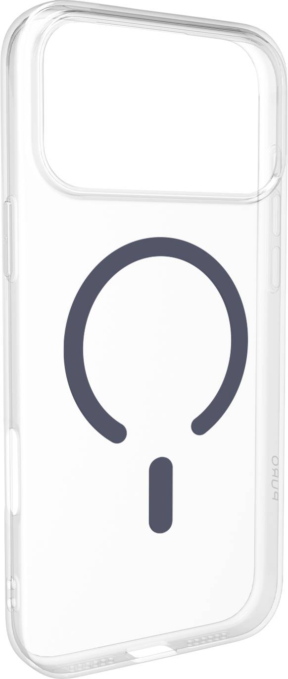 Eine durchsichtige Handyhülle mit einem kühnen kreisförmigen und vertikalen Liniensymbol auf der Rückseite, das einem stilisierten Netzschalter ähnelt und eingraviert ist.