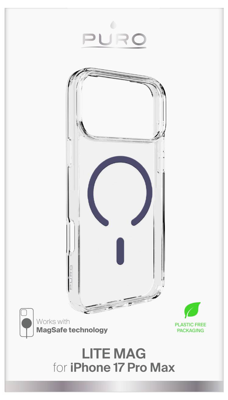Transparentes iPhone 17 Pro Max Schutzhülle mit MagSafe-Kompatibilität, Puro Lite Mag Branding. Kunststofffreie Verpackung.