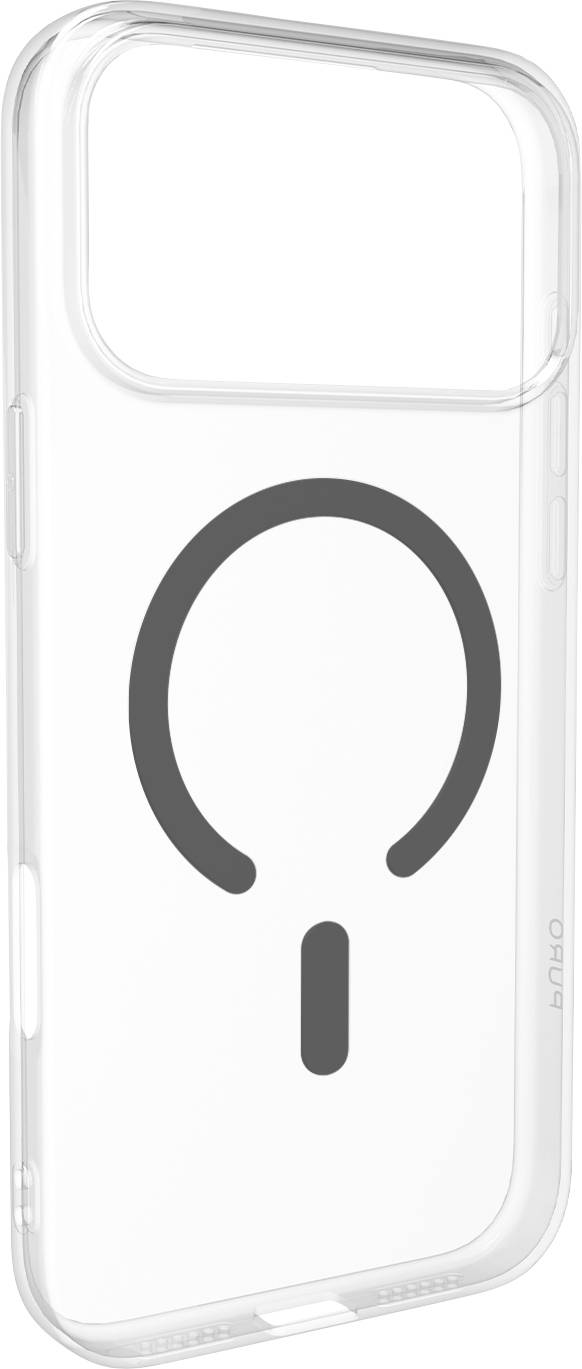 Transparente Handyhülle mit minimalistische schwarzem Stromicon-Design, bestehend aus einem Kreis mit einer Öffnung am unteren Ende und einer kurzen vertikalen Linie.