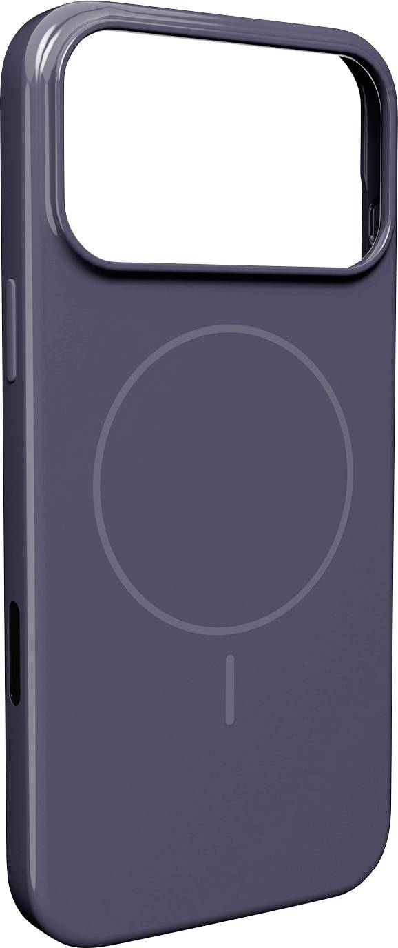Ein dunkelviolettes Smartphone-Hülle mit einer Aussparung für die Kamera, mit einem kreisförmigen Design auf der Rückseite, das MagSafe-Kompatibilität anzeigt.