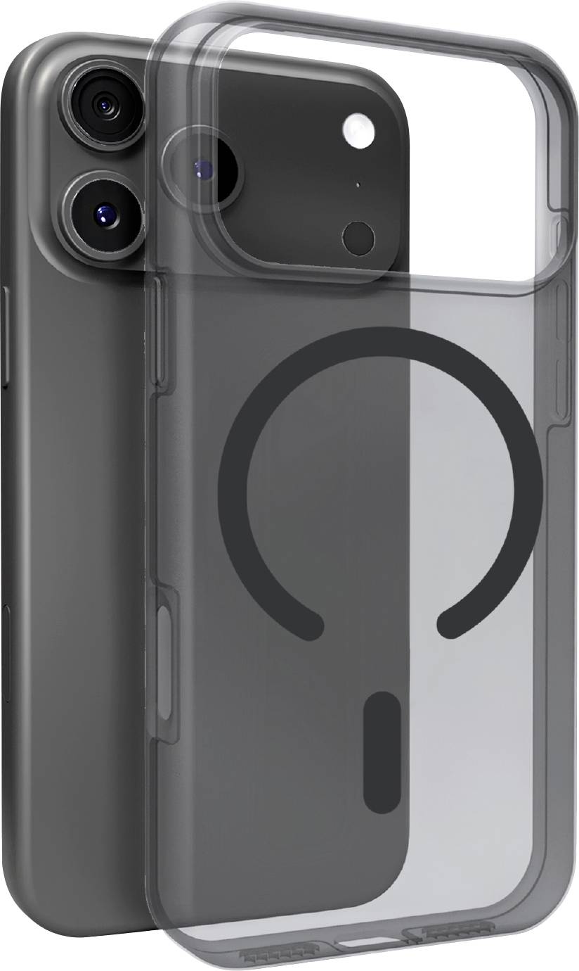 Ein Smartphone mit dualen Rückkameras, begleitet von einer transparenten Schutzhülle, die ein stilisiertes Logo präsentiert.
