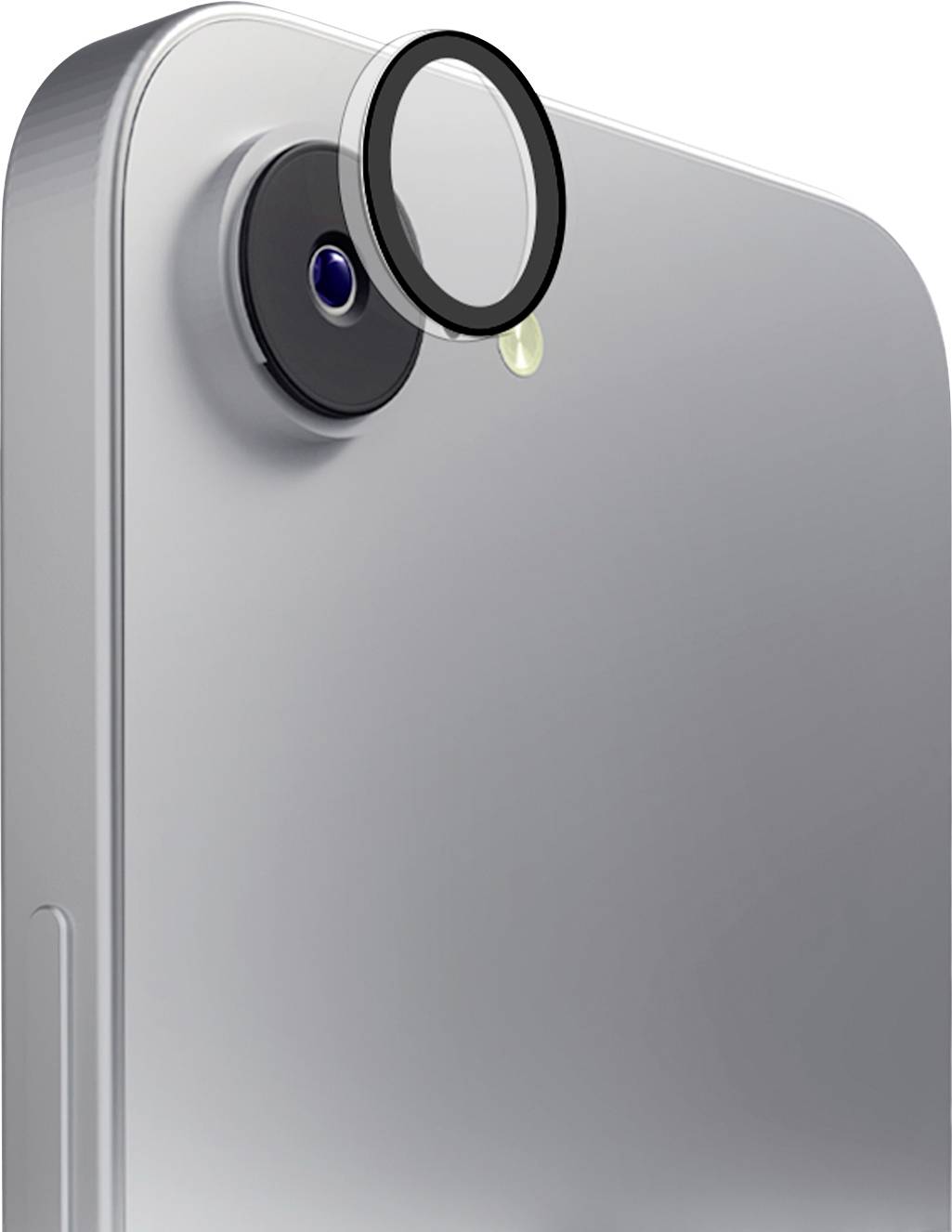 Eine Nahaufnahme einer Smartphone-Kamera mit einer abgelösten Objektivabdeckung, die darüber schwebt und das Kameradesign und die Linsendetails zeigt.