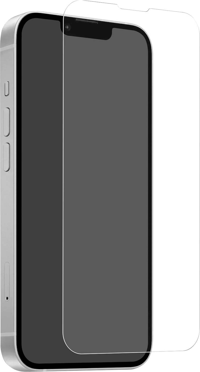 Ein Smartphone mit einer klaren Displayschutzfolie, die teilweise über dem Bildschirm abgelöst ist und die Kante des Telefons sowie die vorderen Tasten zeigt.
