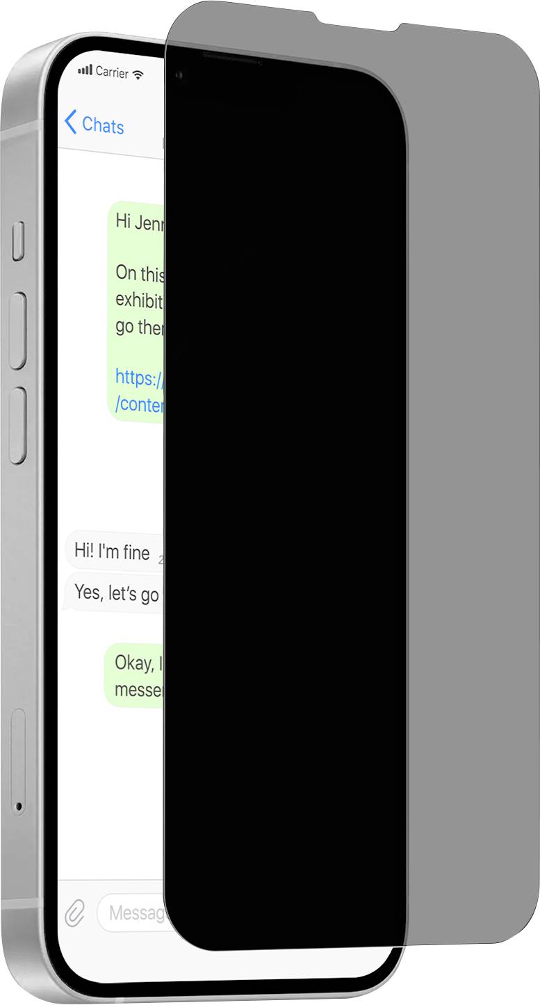 Ein Smartphone-Bildschirm mit Datenschutzfilter verdeckt teilweise Nachrichten; der sichtbare Text lautet „Hi Jen